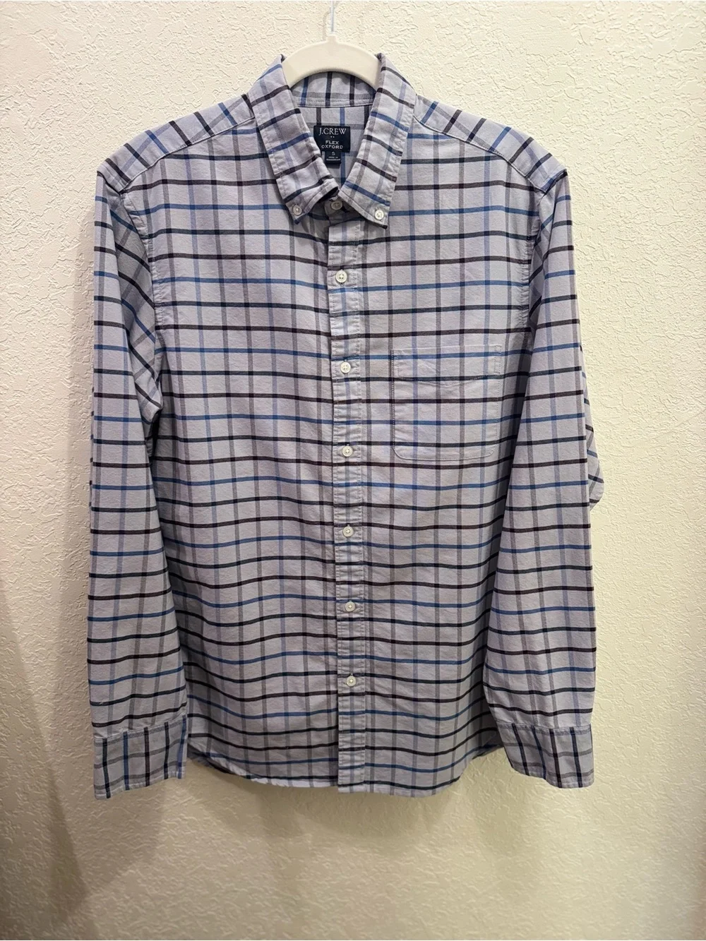 J Crew Classic Oxford Shirt -Mens Small Slim -Blue Gray Plaid Flex Button Down